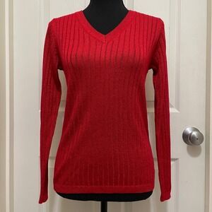 Tommy Hilfiger Knit V-Neck Sweater Ribbed Red Metallic Thread Sparkle Glitter XS